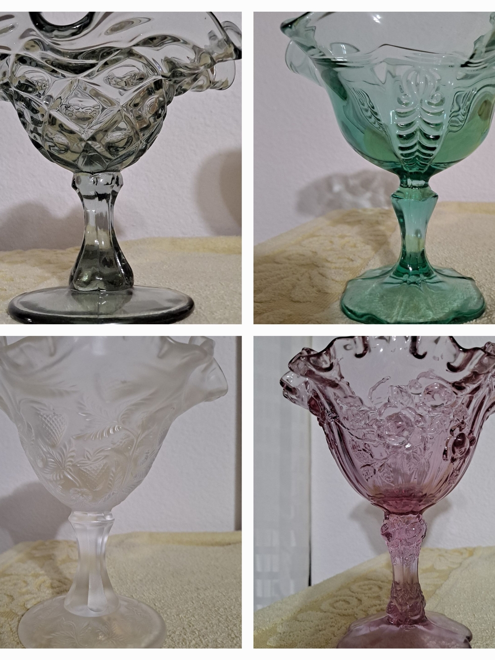 Set of 4 Vintage-Style Pedestal Compote Bowls - Smoke, Green, Frosted, Pink
